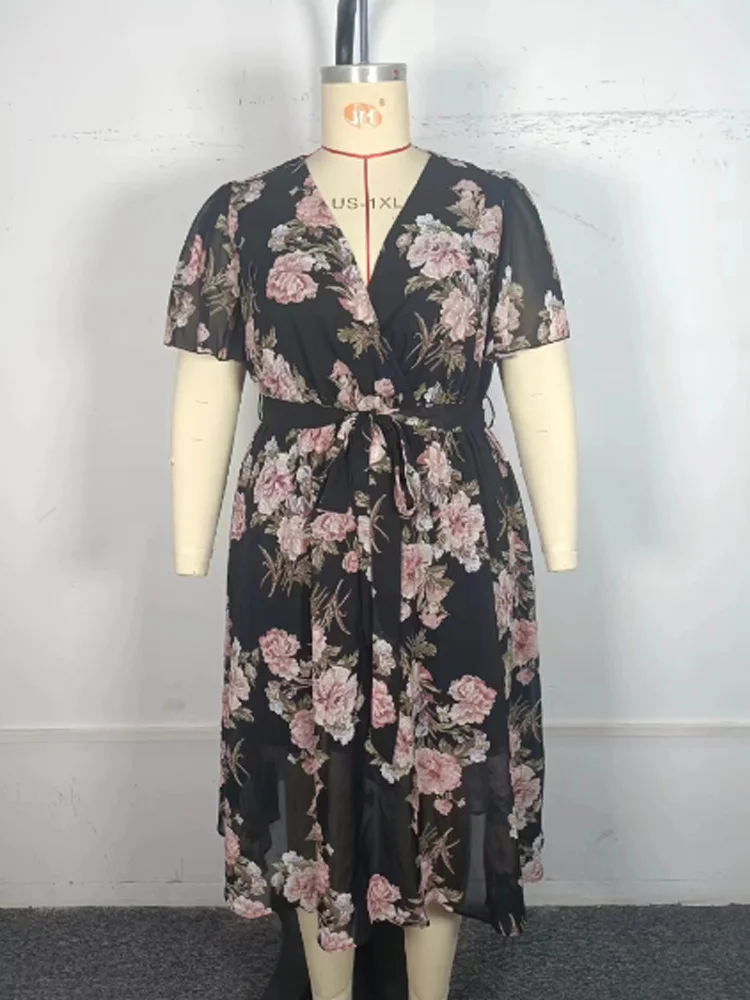 Gibsie Plus Size Surplice Hals Schmetterling Ärmel Gürtel Kleid Frauen Urlaub Blumen druck A-Linie Boho Sommer lange Kleider 2024 neu