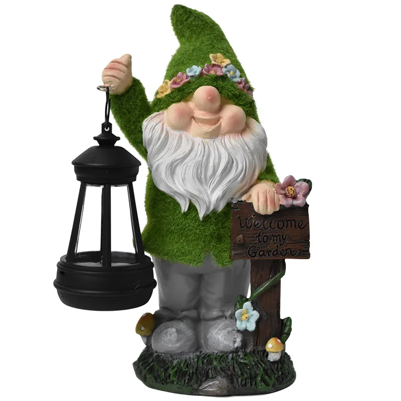 Solar Flocked Gnome Statue with Hanging Lantern, Resin Garden Ornament, Outdoor Patio Decor Solar Light