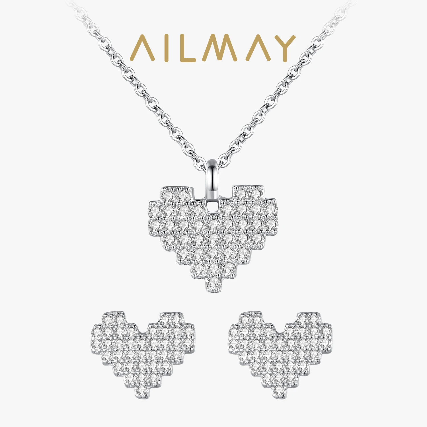 Ailmay Genuine 925 Sterling Silver Heart Necklace Earrings Love Sparkling CZ Set For Women Wedding Engagement Jewelry Gift