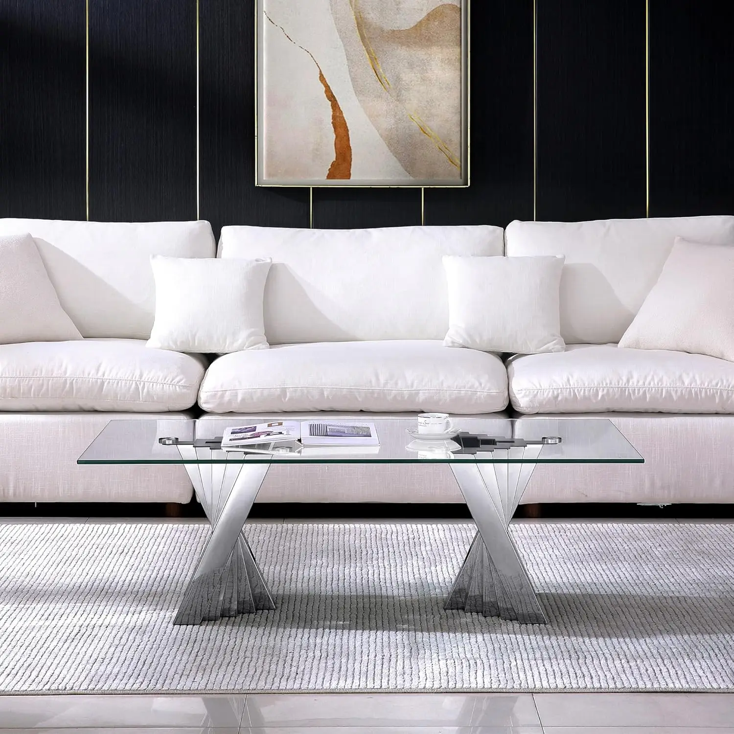 Glass Coffee Table, 51"" Center Table With Tempered Glass Tabletop And Mirror Finish Stainless Steel Legs, Modern Rectangular