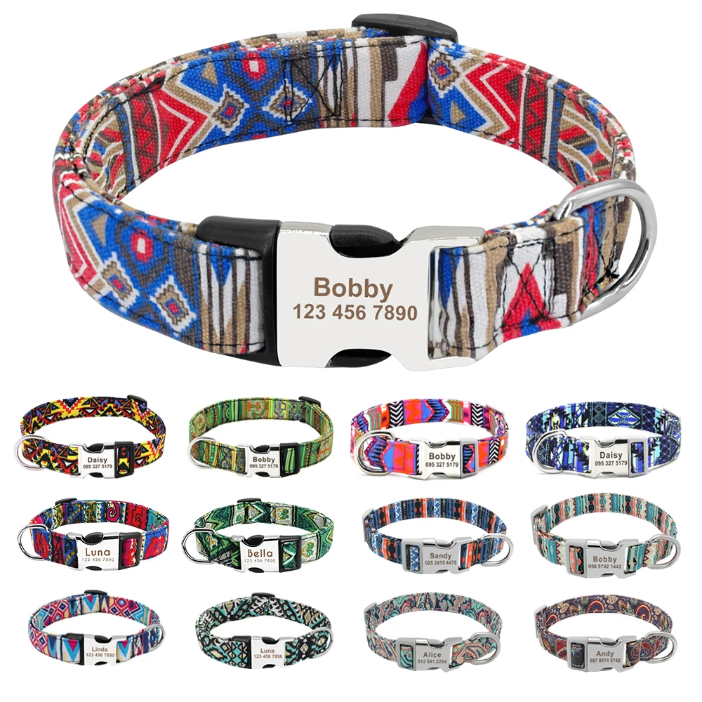 Custom Engraved Dog Collar Accessories Personalized Nylon Printed Pet Collar Adjustable Puppy Cat ID Collar For Small Large Dogs