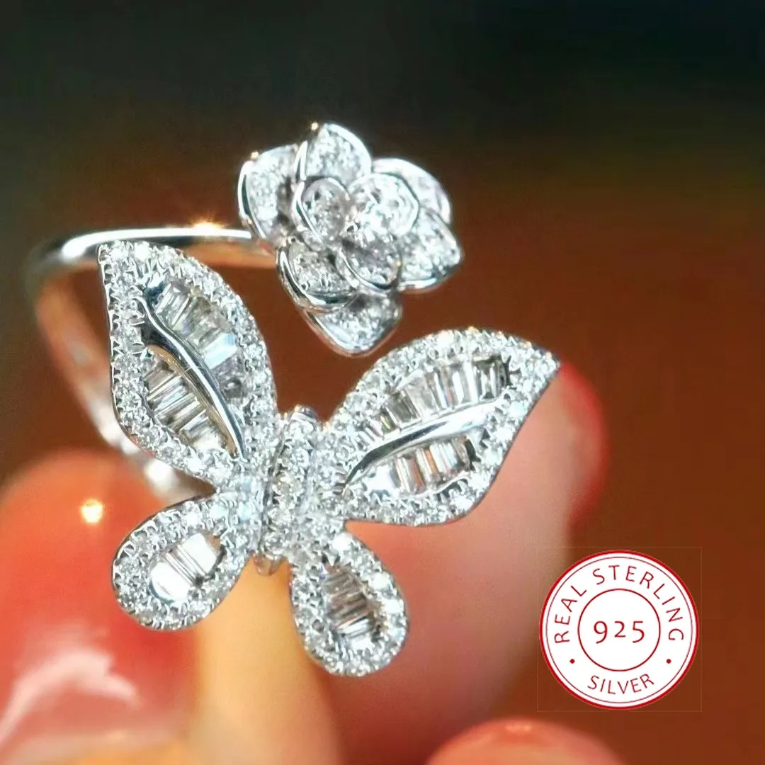 925 Silver Exquisite White Zircon Fantasy Double Butterfly Ring Feminine Party Birthday Wedding BFF Gift