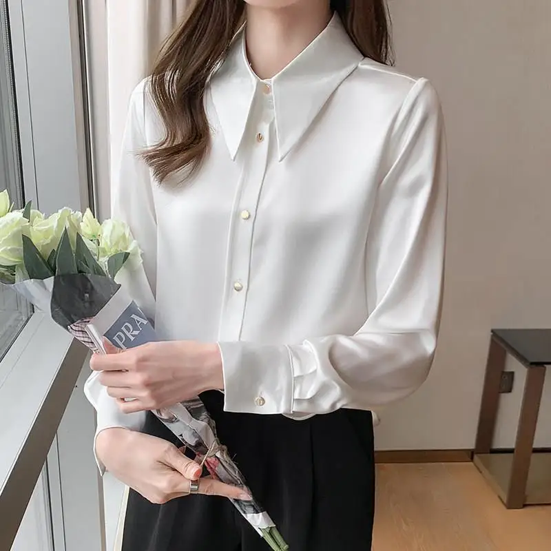 Elegant Korean Fashion Simple Office Lady All Match Button Shirt Casual Solid Loose Long Sleeve Chiffon Blouse Top Women Blusas