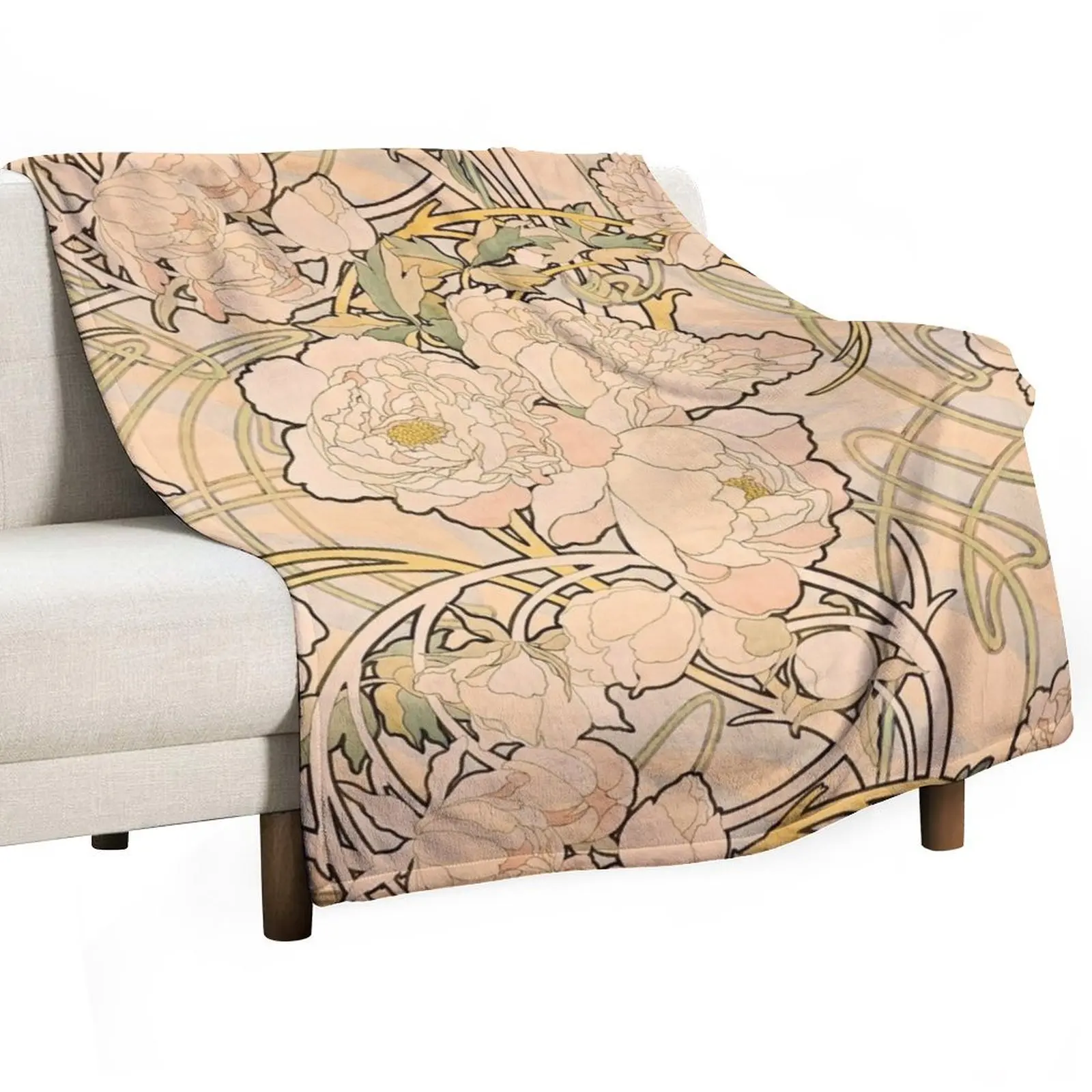 

Alfonse Mucha Art Nouveau Peonies Throw Blanket Decorative Beds Retros Luxury Throw Cute Blankets
