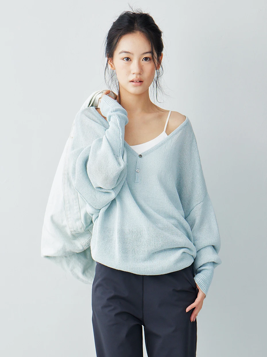 

Loose Knitted Long Sleeve Mint Blue Silk And Paper V-Neck Batwing Sleeve Casual Style Women's Top Soft Cotton Blend Spring Su...