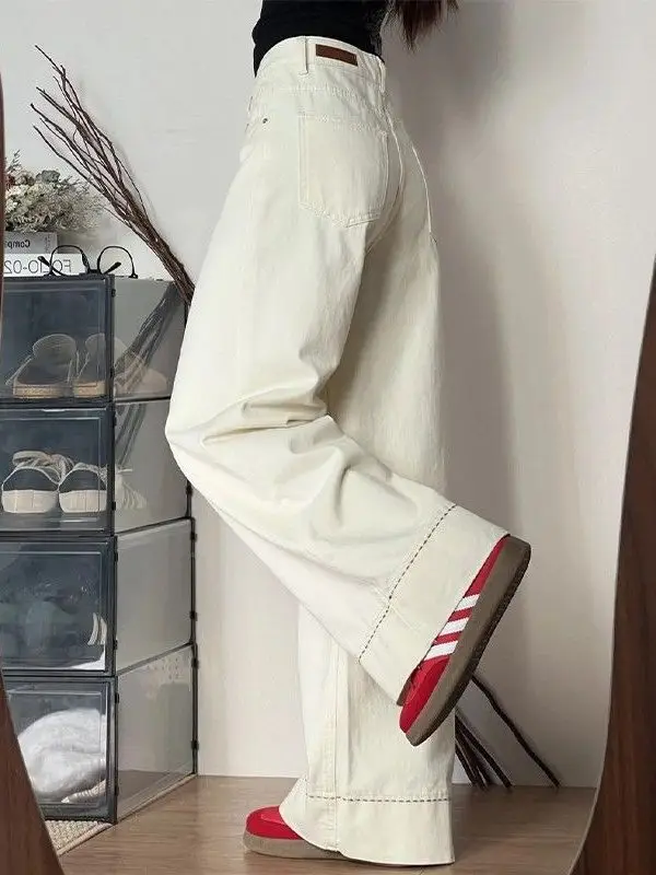 

Джинсы с высокой талией и широкими штанинами для женщин, модный дизайн, уникальный свободный крой, универсальные, трендовые джинсовые брюки с высокой талией и широкими штанинами