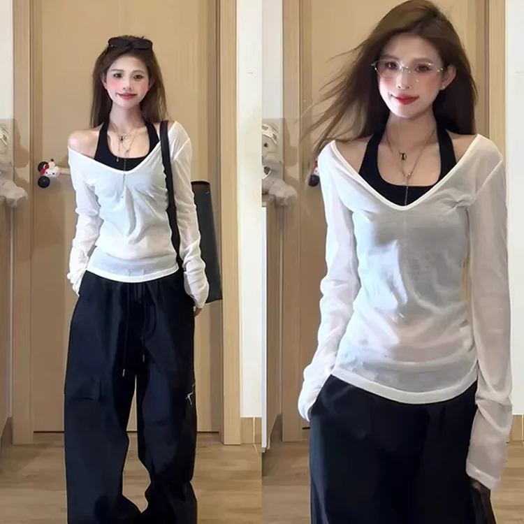 Women's Slim Fit Sun Protection Top And Halter Neck Cover up Set Spring Summer New Style Cotton Polyester Blend Long Sleeve T...