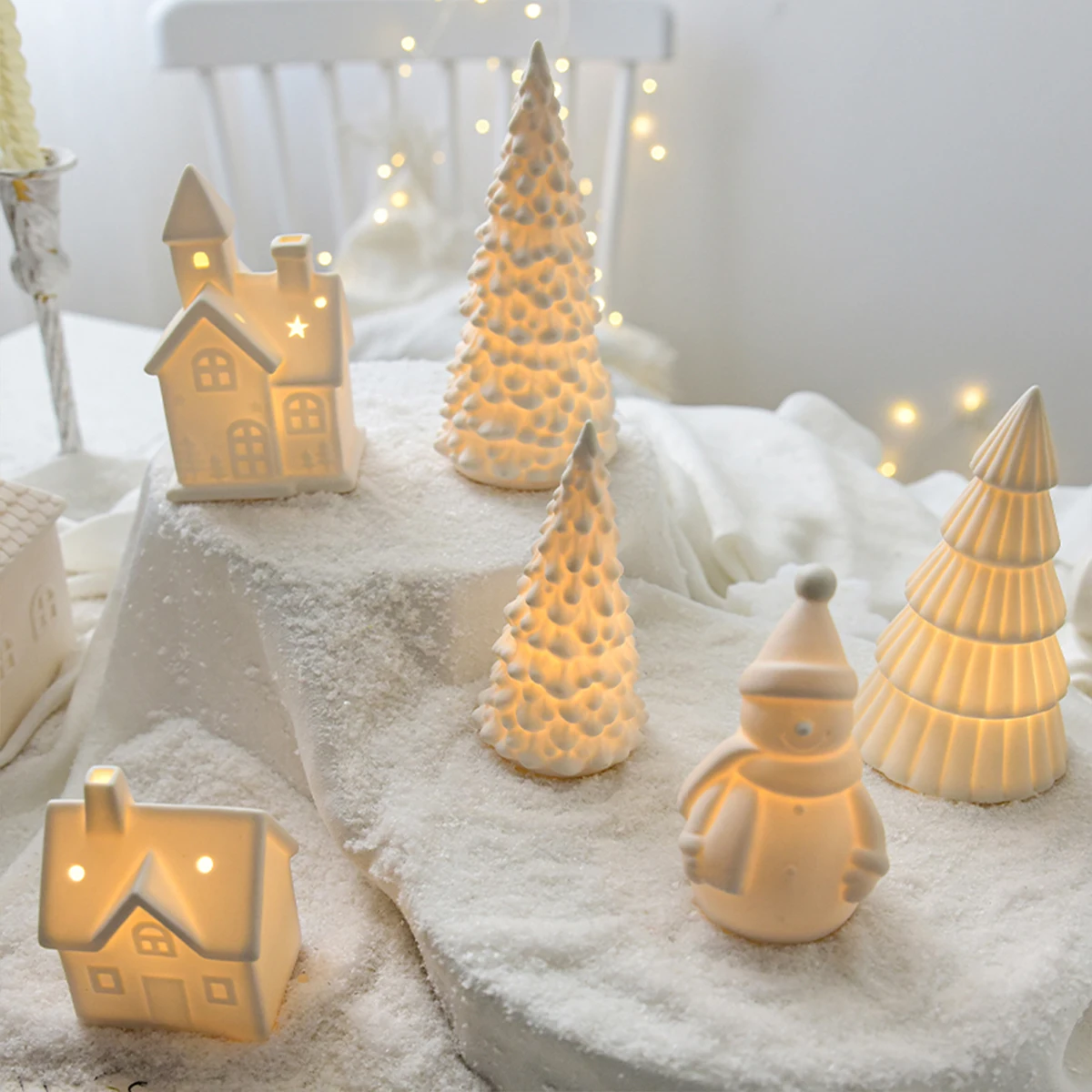 Christmas Ceramic House Desktop Decoration Glowing Christmas Snowhouse Snowman Christmas Tree Decoration