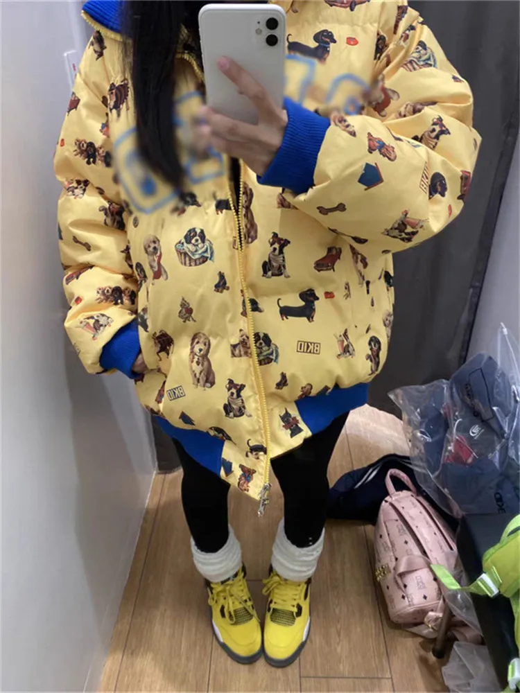 

plus Size Winter Cotton Jaet Dog Print Stand Collar Bread Sle Women's Sweet Faion Long Sve Zipper Closure Hooded Coat