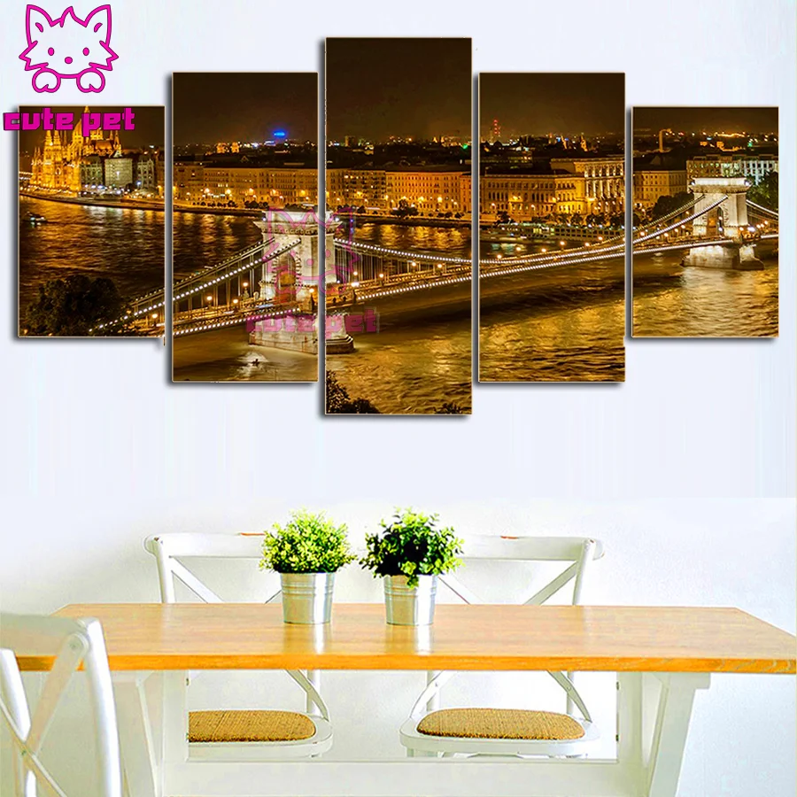 5D diamond painting Elizabeth Bridge Cross stitch Night View Pictures 5Panel Hungary City Home Decor mosaic art embroidery Decor