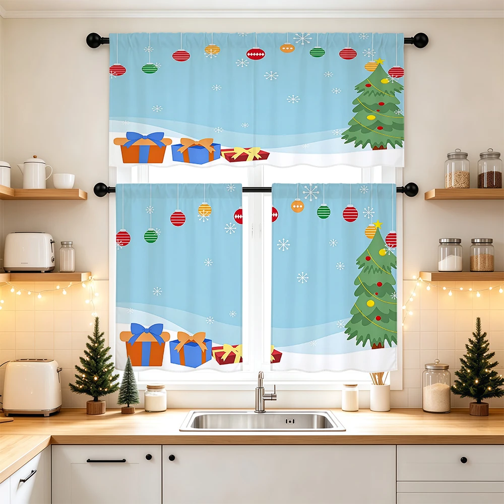 Christmas Kitchen Curtains, Light Blue Tree Ball Snow Gift, Digital Print, Kitchen Dining Room, Rod Pocket Polyester, Home Decor