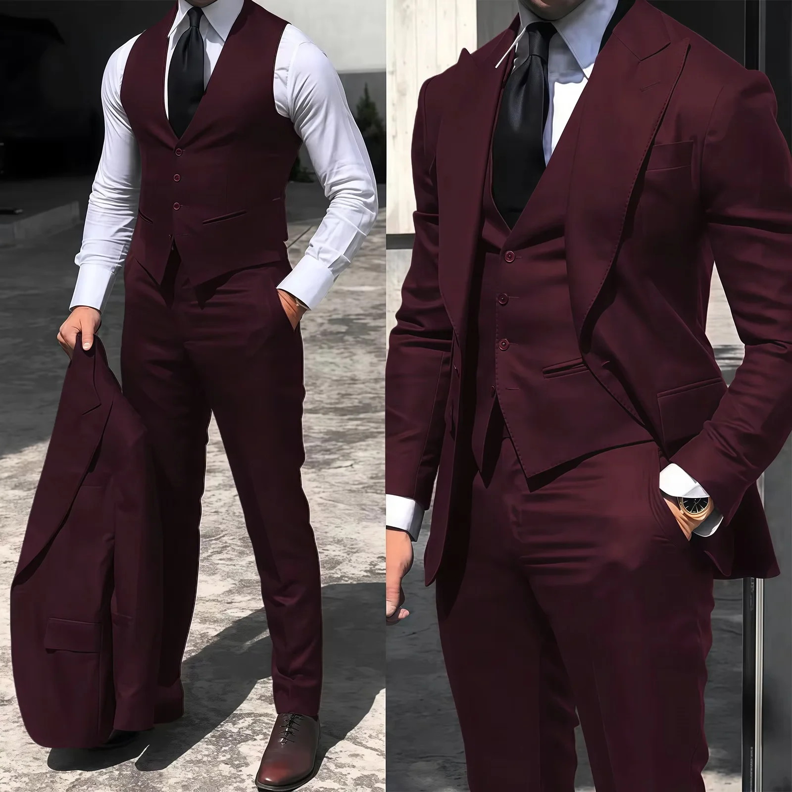 

Wedding Burgundy Peaked Lapel Suits for Men Slim Fit Business Solid Tuxedo Man Suit Set Trajes De Hombre Anzug Herren Men Suits