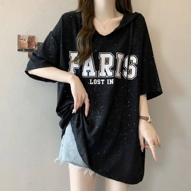 Women Summer Korean Fashion Large Size Loose Appear Thin Bright Silk Short Sleeve Hooded T-shirt Ladies Casual All-match Top Tee