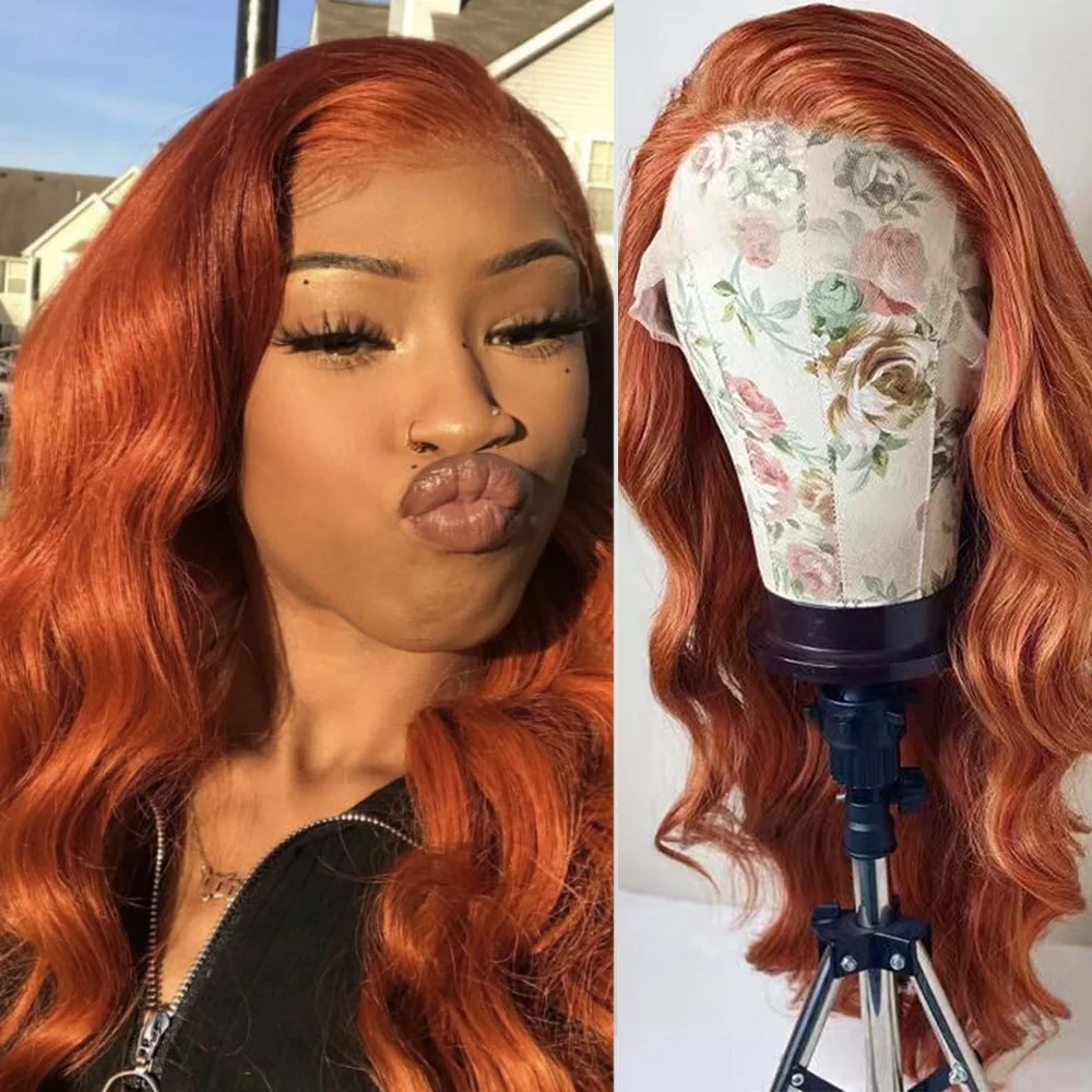 RONGDUOYI 13X4 Lace Front Ginger Orange Wigs for Women Synthetic Frontal Wig Glueless Loose Curly Wavy Hair Daily Party Cosplay