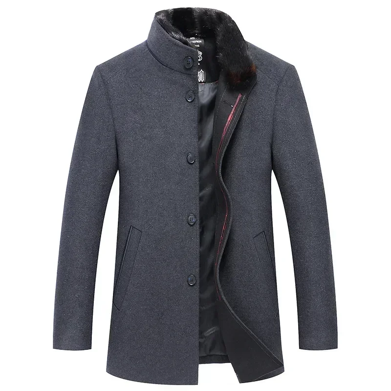 New Winter Men Fur Collar Woolen Blends Long Jackets Business Casual Cashmere Trench Coats Overcoats Quality Warm Jackets Size 3