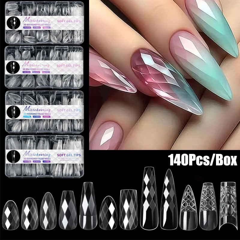 

140/120Pcs 3D Diamond Almond Ballet Coffin False Nails Reusable Clear Press On Nails For Acrylic Gel Fake Tips DIY Nail Supplies