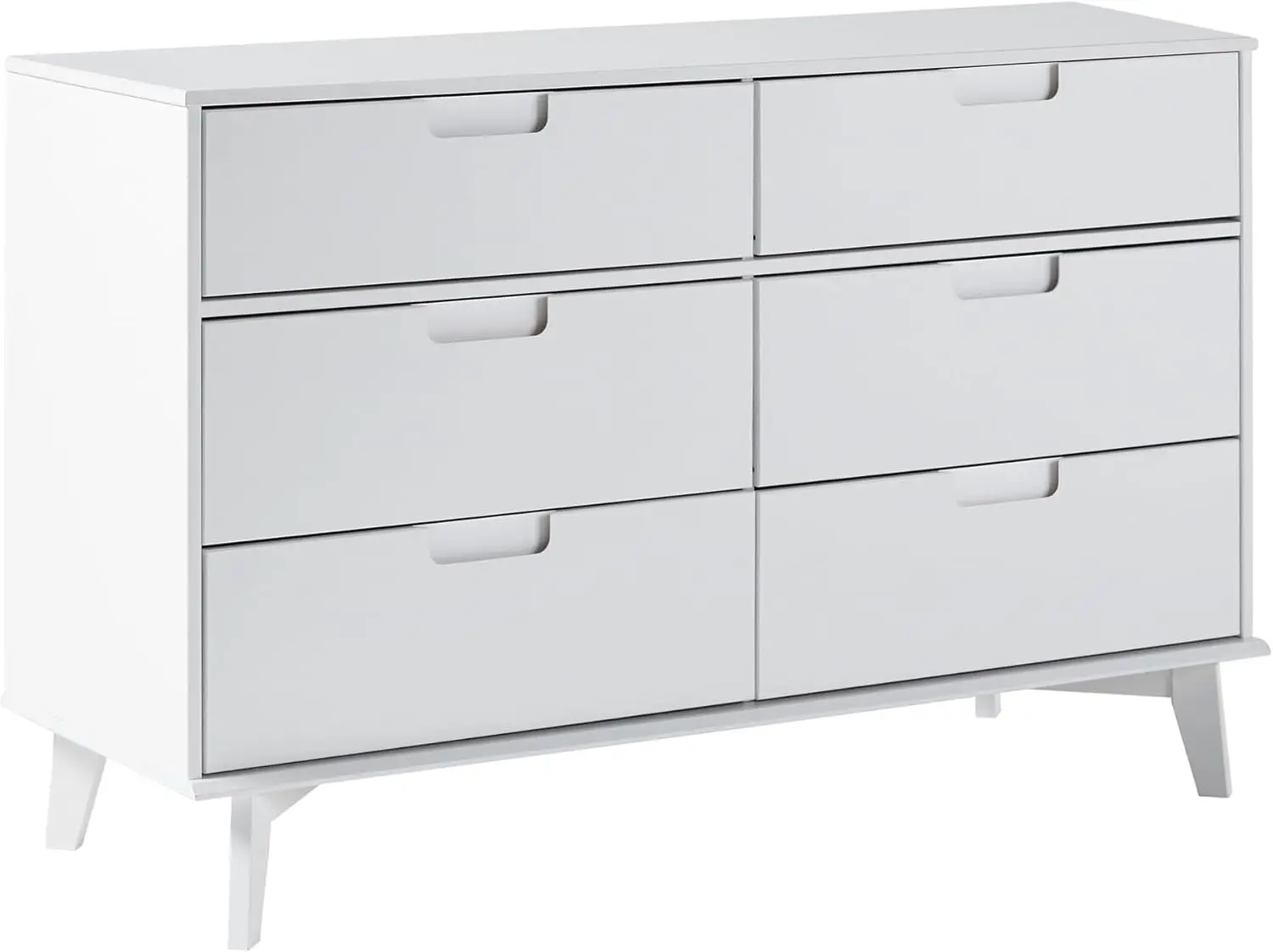 Mid-Century Modern Grooved Handle Wood 6-Drawer Dresser, 52 Inch, White Wash