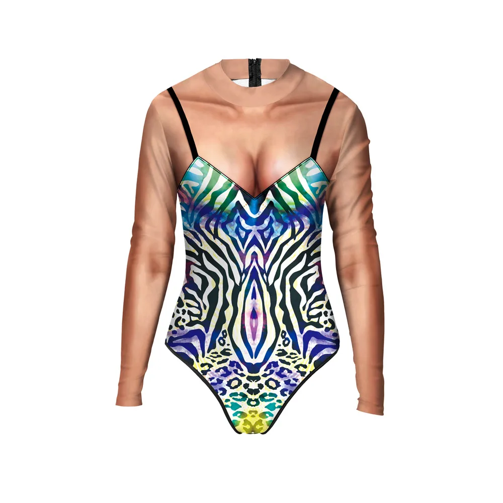 IOOTIANY Leopard Grain Together Fashion Print Zipper Bodysuits Swimsuit Long Sleeve Summer Swimwear Women Bathing Suit 2024