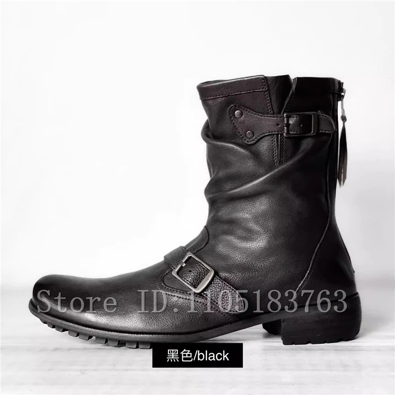 الرجعية نمط حزام مشبك أسود دراجة نارية أحذية الرجال مطوي كعب سميك عودة زيبر خمر تشيلسي الأحذية
