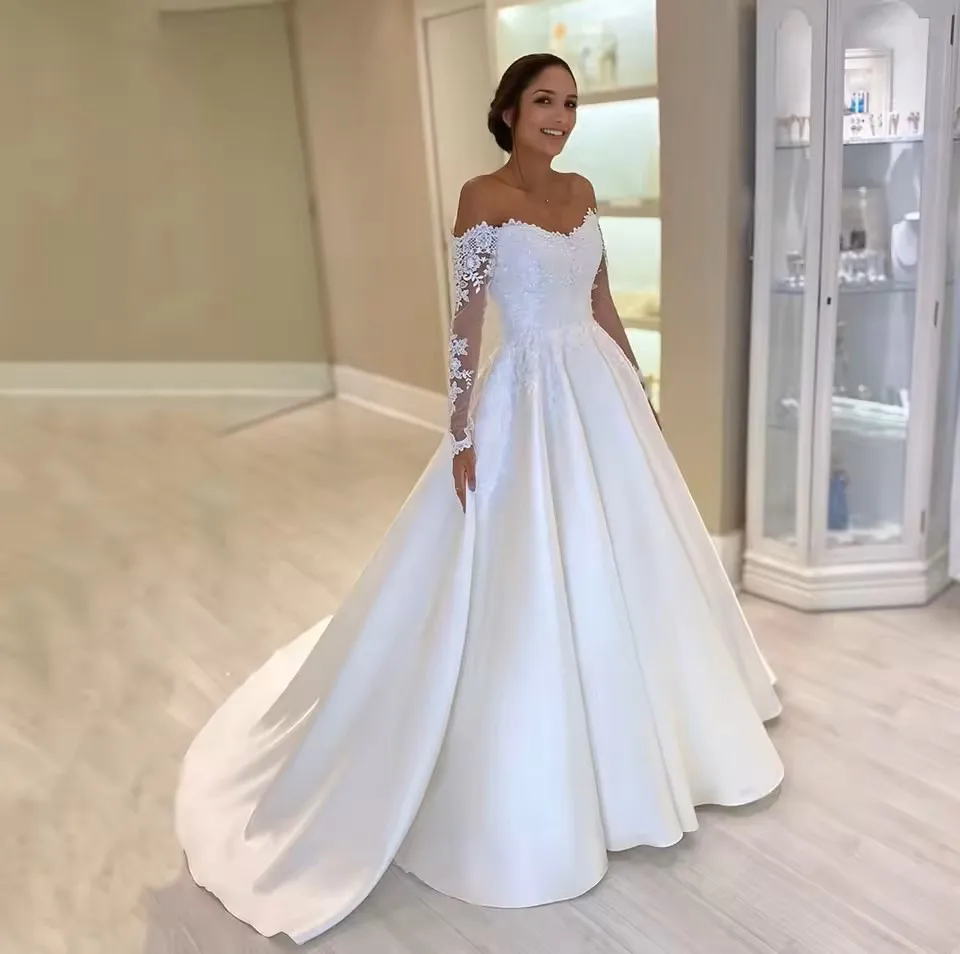 New Wedding Dresses 2027 Off Shoulder A-line Elegant Long Sleeve Brides Gown Lace Applique Women Bridal Dress Vestidos De Noiva