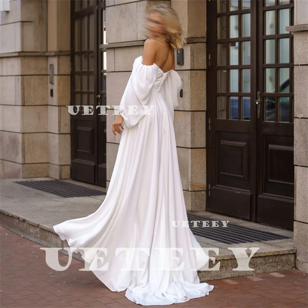 UETEEY Customized Beach Off Shoulder Puff Sleeves Beaded Crepe Wedding Dress Pleats V Neck A Line Zipper Back Slit Bridal Gown