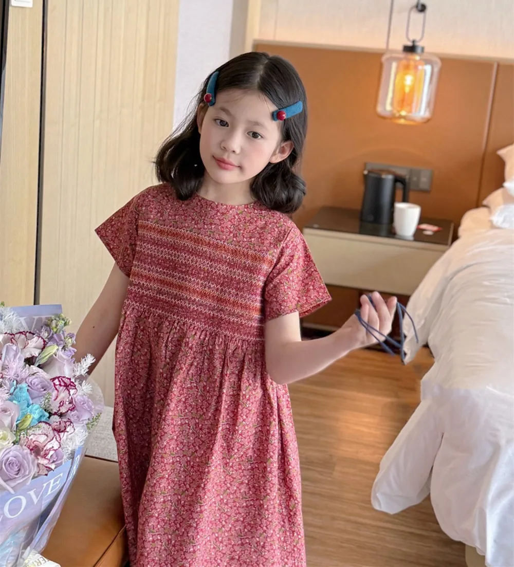 kids clothes summer dresses girls red cherry pattern print Short-sleeved dress Handmade high-quality embroidered dress