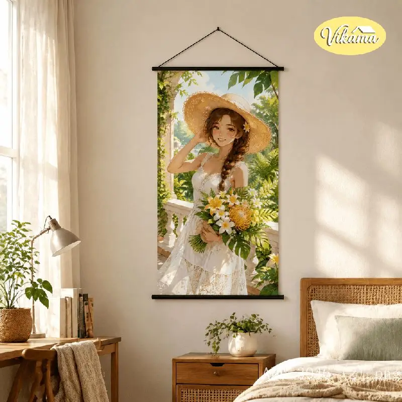 VIKAMA Anime Girl Floral Dress Tapestry Tropical Greenhouse Botanical Art Wall Hanging Bedroom Aesthetic Home Decor