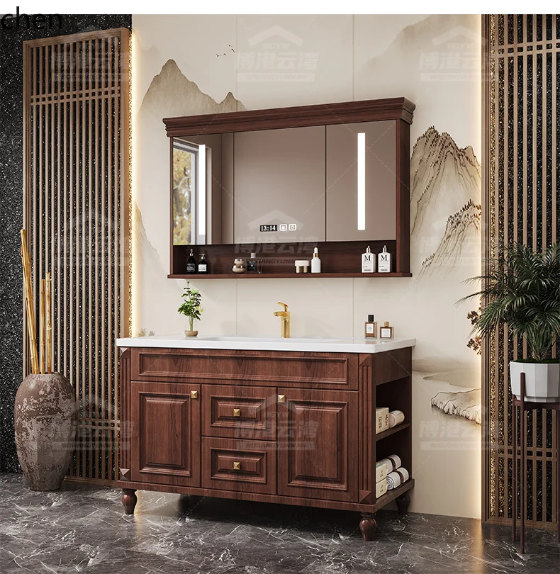 HTT خزانة حمام مزيج السيراميك حوض متكامل مرآة ذكية خزانة حمام مغسلة الحمام #4