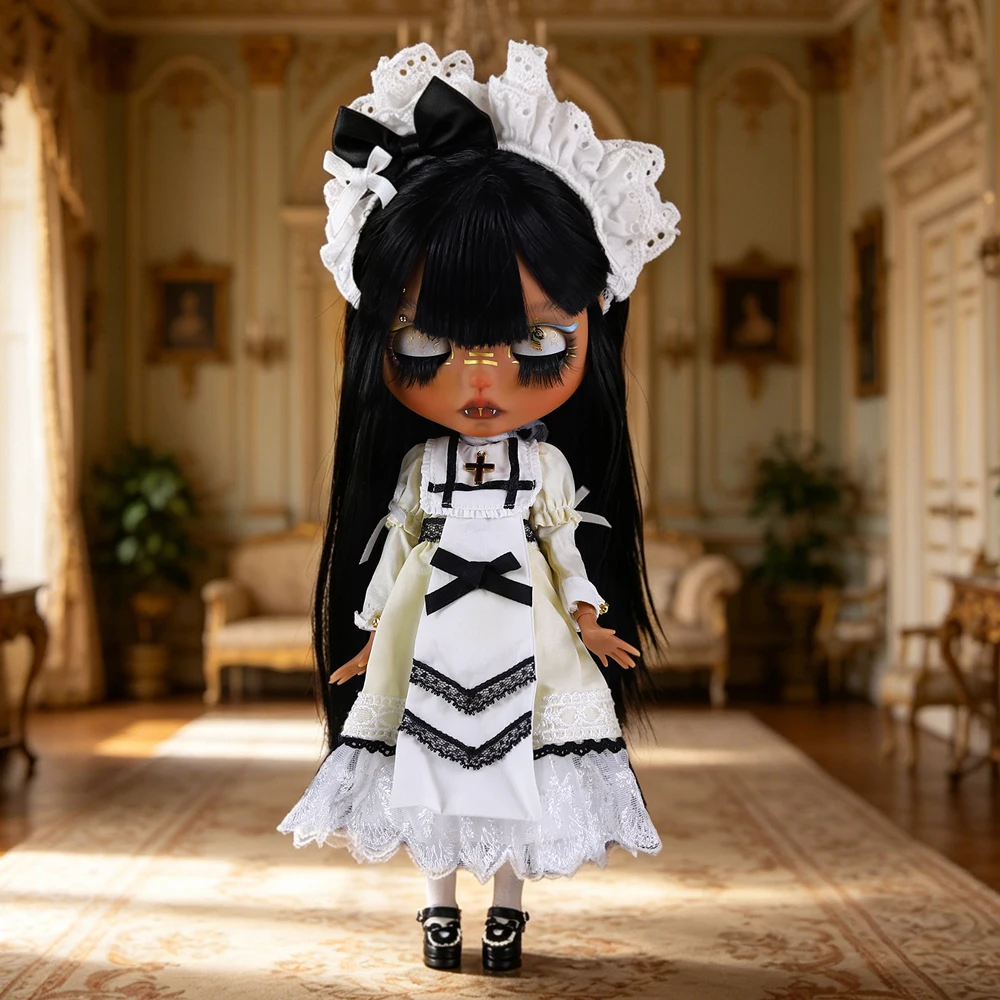 ICY DBS Blyth Doll 1/6 BJD Black Straight Hair Custom Hand Carved Eyebrows, Lips, Naked Doll, etc
