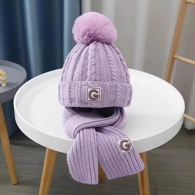 Gorros de malha grossa infantil Set, Camadas duplas, Pompom de pele bonito, chapéus, cachecol, quente, meninas, meninos, 3-10 anos