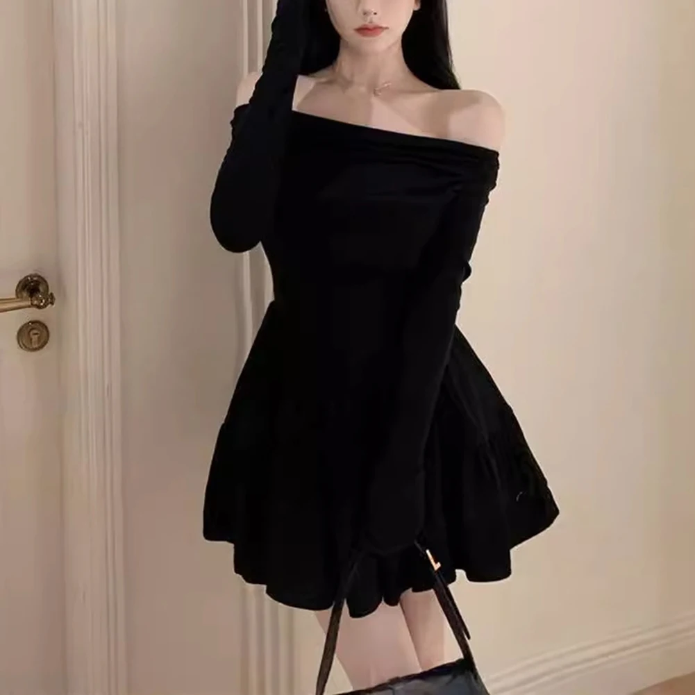 Vestido preto linha a fora do ombro vestido elegante streetwear casual fora do ombro estilo S-2XL tamanhos disponíveis design leve estiramento