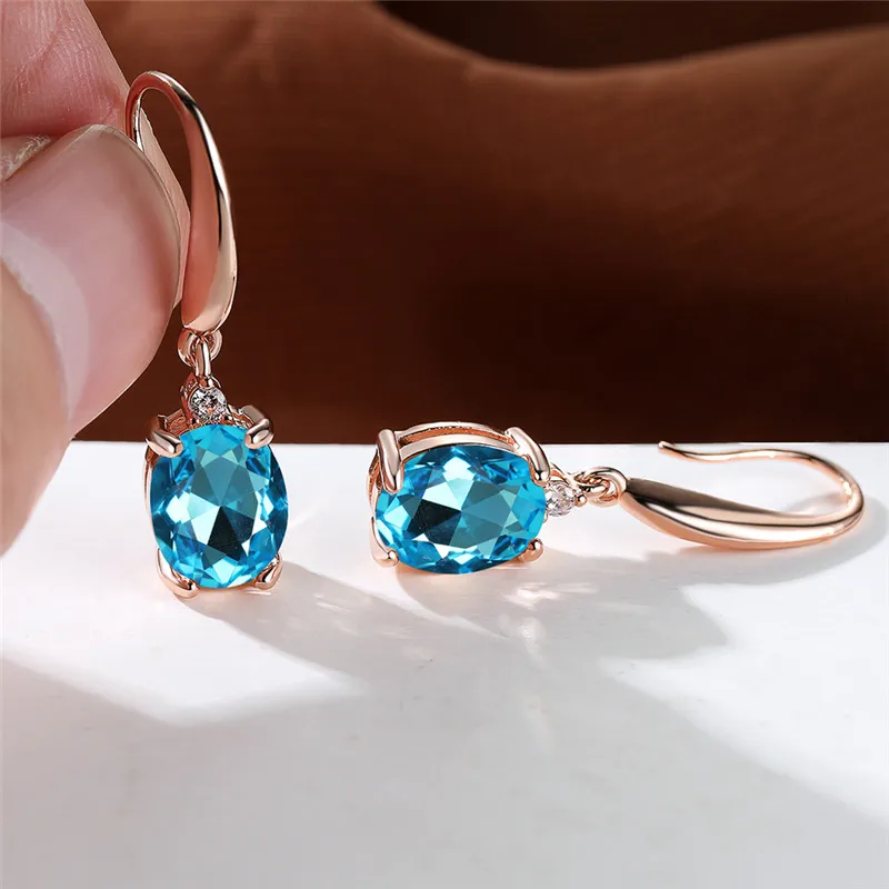 Aqua Blue Zircon Long Dangle Earrings Rainbow Crystal Oval Stone Drop Earrings Trendy Rose Gold Color Wedding Earrings For Women