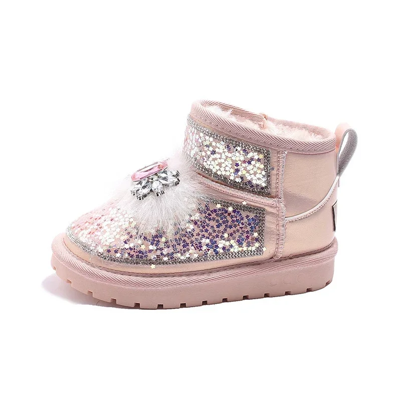 Pink Girls Snow Boots Sequin Kids Plush Shoes for 20243 Winter Casual  Shoe Children\'s Warm Shoe Zip Flats Ankle Boot 26-36