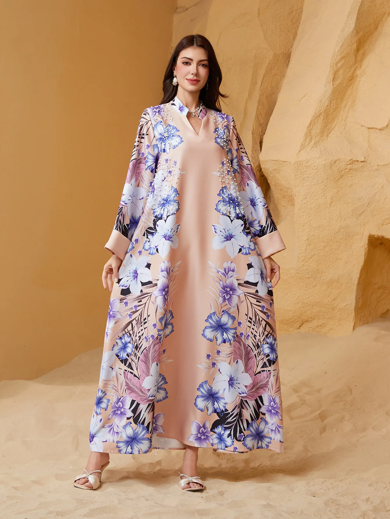 

Middle East Islamic Ramadan Muslim Women's V-neck Robe Luxury Fashion Hot Diamond Cannon Bead Printed Arab Dubai Dress