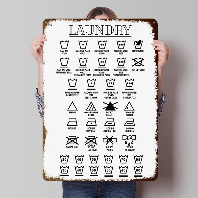LAUNDRY SYMBOLS WHITE Metal Poster Customized Wall Art Retro Vintage Metal Tin Signs for Decor Room Decoration Gaming Wand Deko