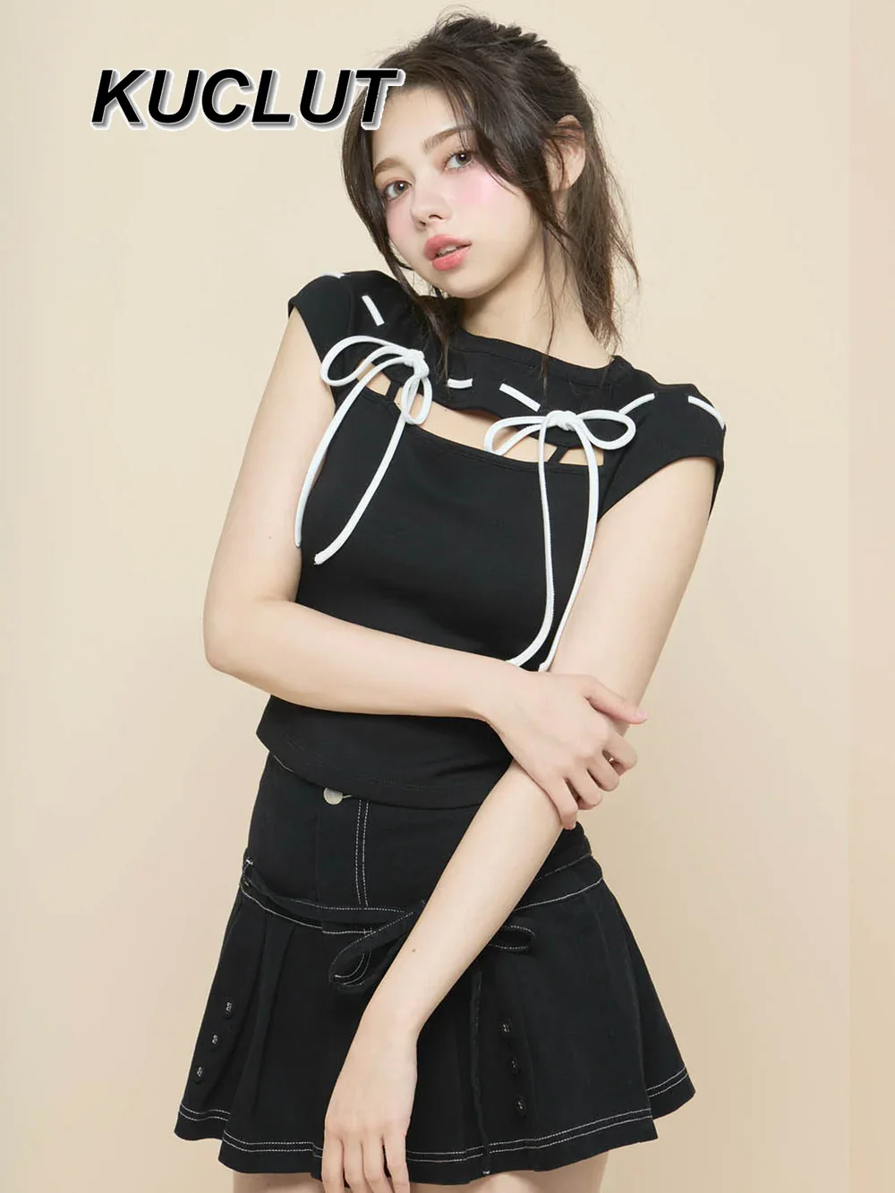 

Sweet and Cute Japanese Style Bow Tie Button Pleated Girl Casual Skirt Pants High Waist Denim Short Skirts for Women Summer