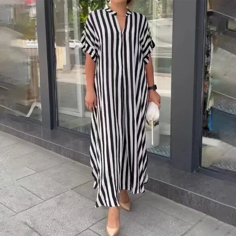 Women Striped Printed V Neck Long Dress Summer Short Sleeve Side Split Shirt Dresses Casual Oversized Maxi Dress Robe De Plage