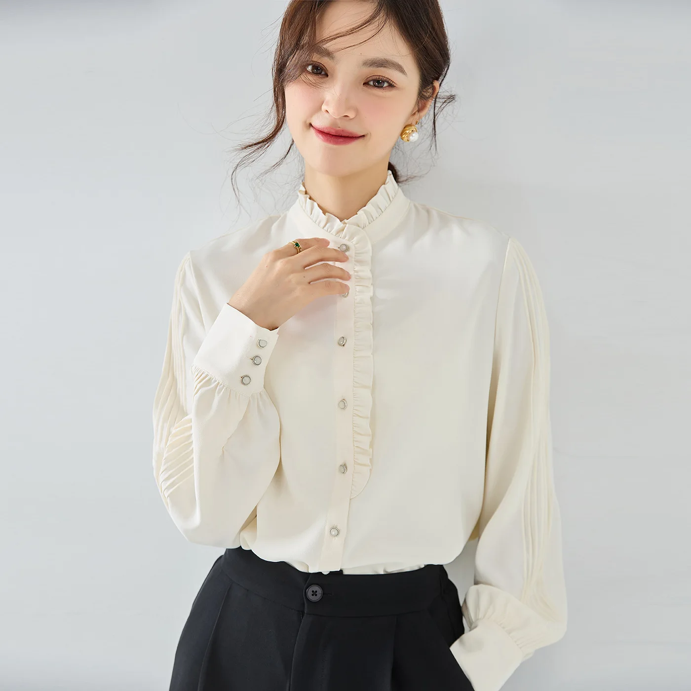 Elegant White Women's Chiffon Shirt with Frilly Collar and Edible Tree Fungus - 2024 Spring Collection