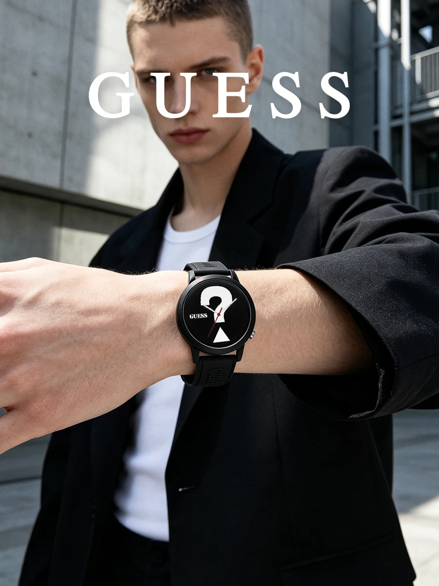 Guess Unisex Watch Black Silicone Strap Black Tones Analog Quartz Watch Question Mark Logo Graphic Dial for Streetwear Styles