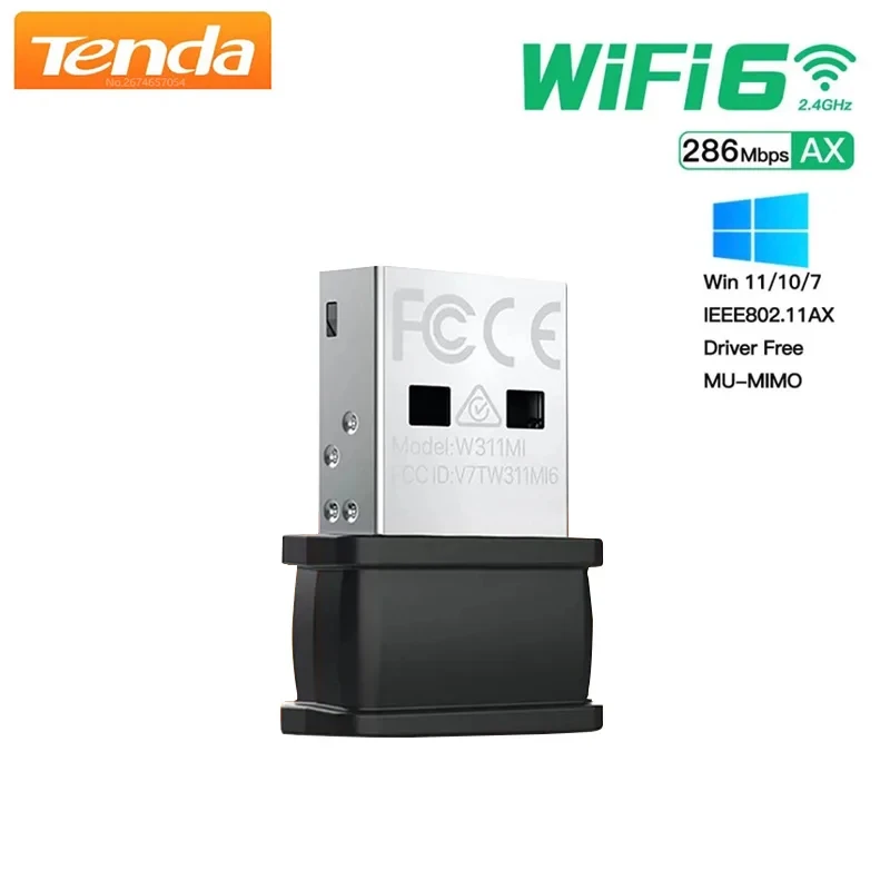 

Tenda W311MI AX300 WIFI 6 Lan Adapte Mini USB Dongle Network Card 802.11ax USB 2.4GHz Driver Free For PC Laptop Windows 7 10 11