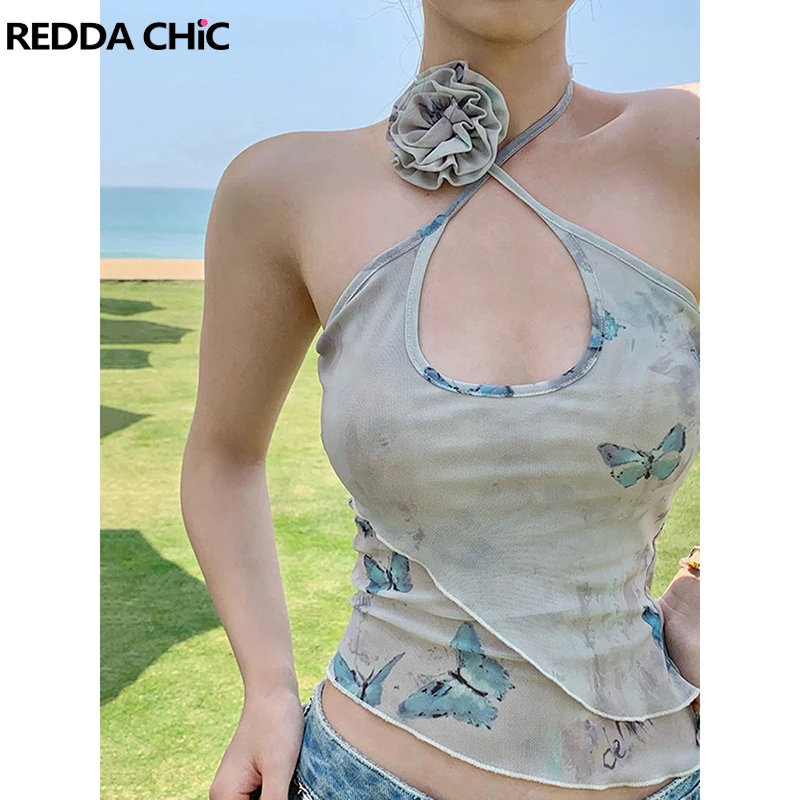 ReddaChic Ribbon Flower Halter Crop Top Women Summer Open Back Mesh Butterfly Print Sleeveless Sling Vest Aesthetic Y2k Clothes