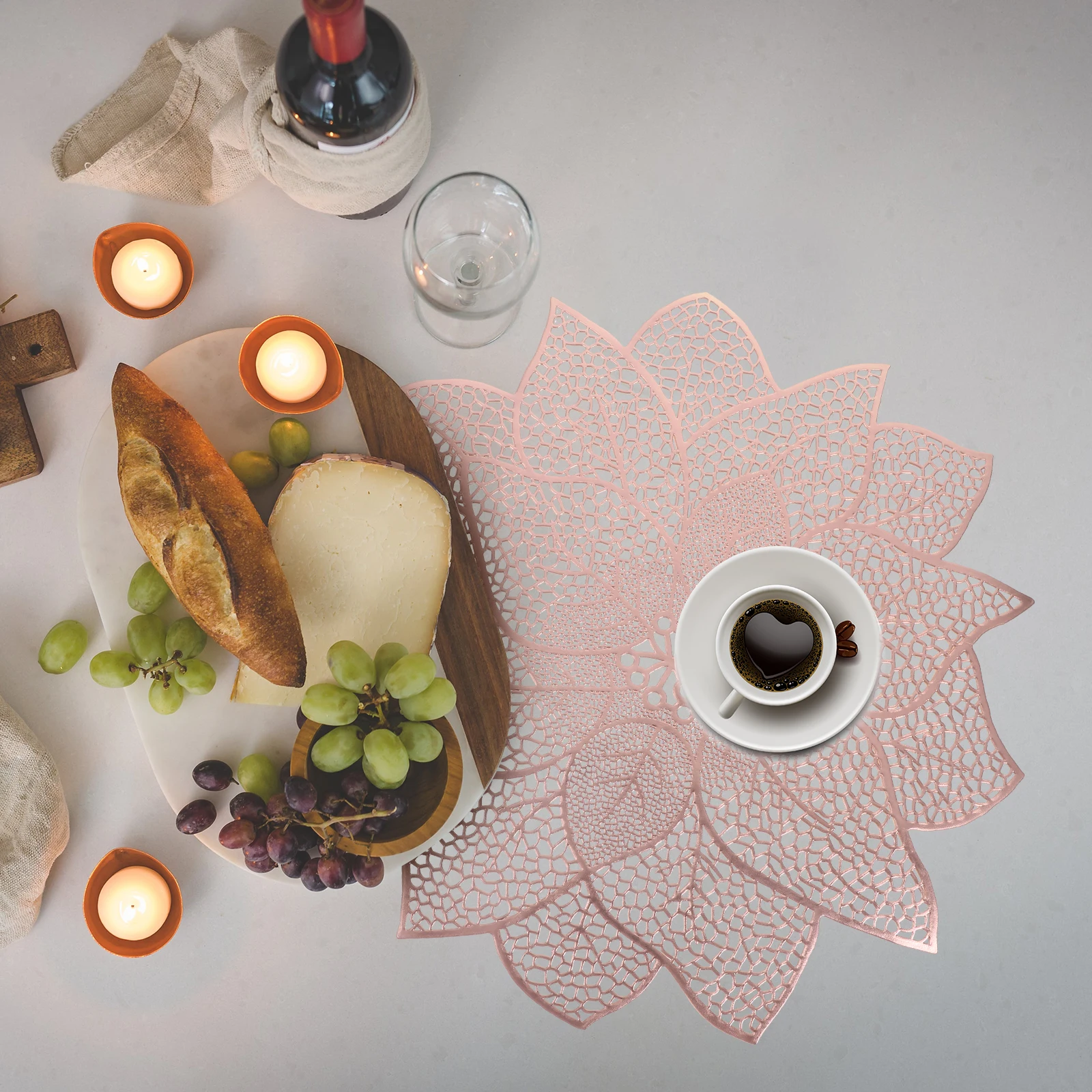 

6pcs Fugui Flower Placemat PVC Floral Hollow Out Pattern Dining Mat Heat Resistant Table Protector Decorative Home Tableware