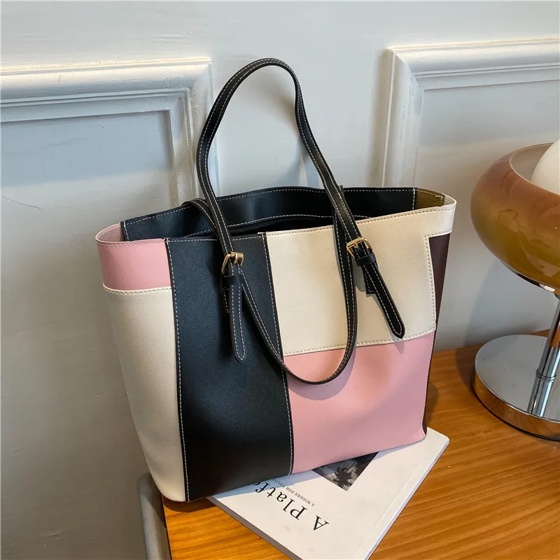 PU leather patchwork color-matched business casual large capacity handbag tote bag, water-resistant, women's shoulder bag