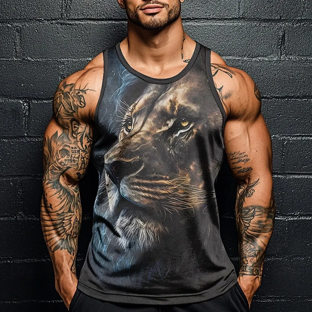 

3D Print Men's Lion Graphic Tank Top Summer Gym Fitness Bodybuilding Sports Sleeveless Vest Loose Sweat Absorbing Casual Clothes