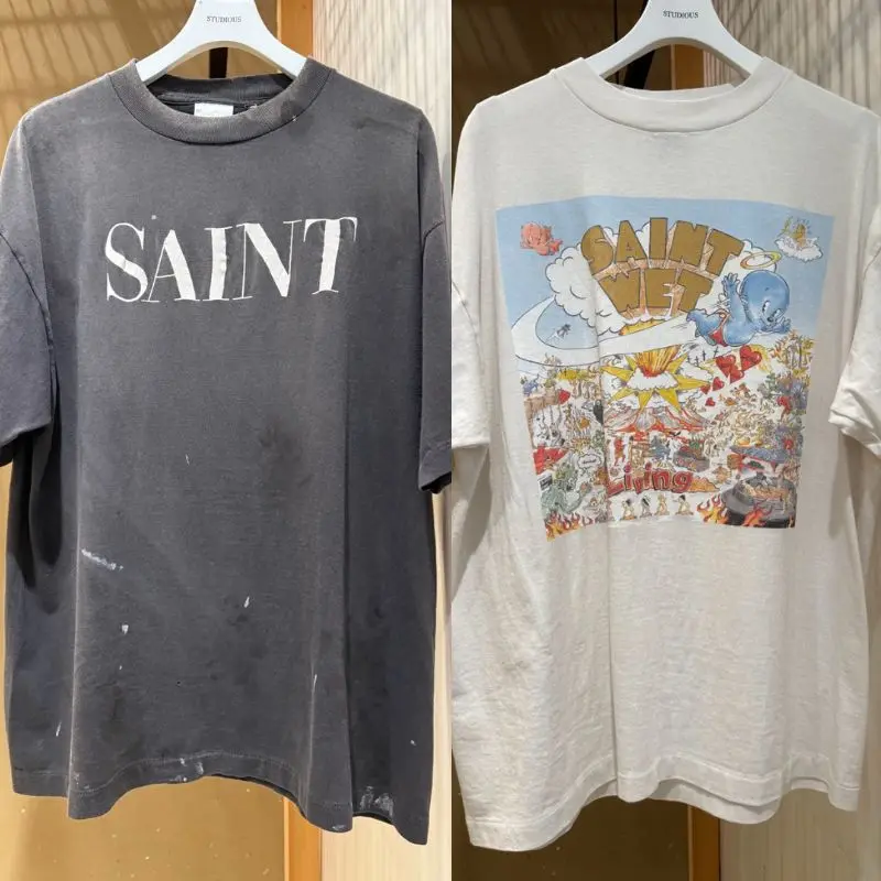 Cotton Saint Tshirts Men Women Street Outfit Cartoon Graffiti Angel Demon Print Splashed Ink Letter Logo Retro Short Sleeve Tops