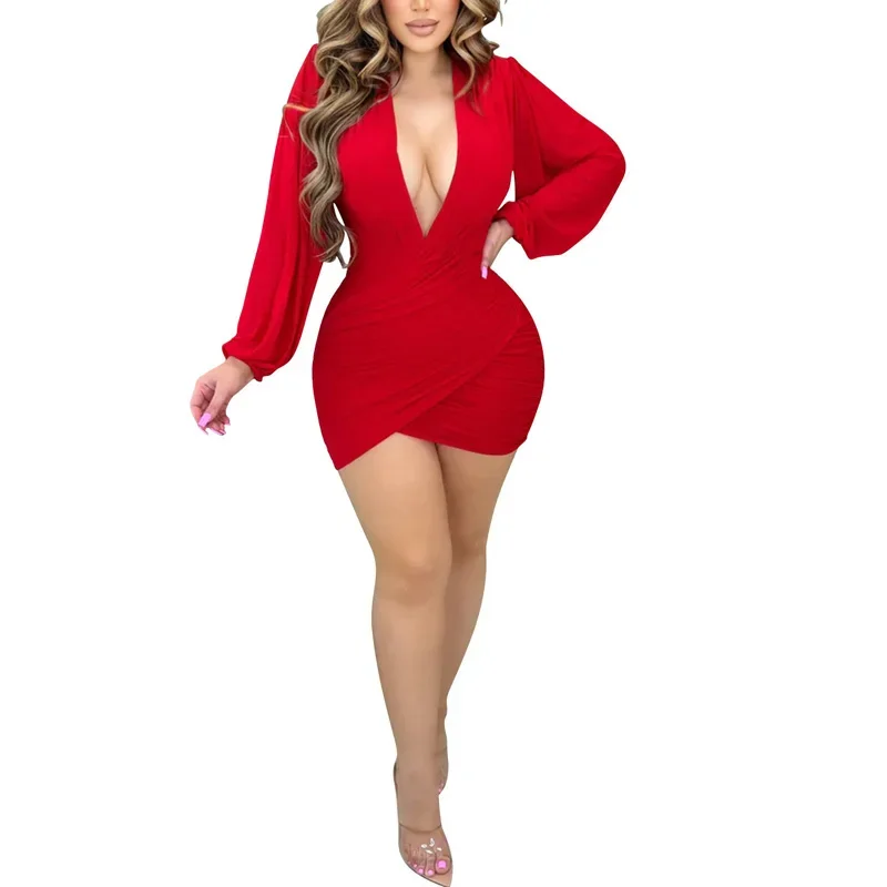 Robe plissée Sexy en maille à manches longues et col en v pour femme, jupe courte de fête sur scène, nouvelle collection automne et hiver