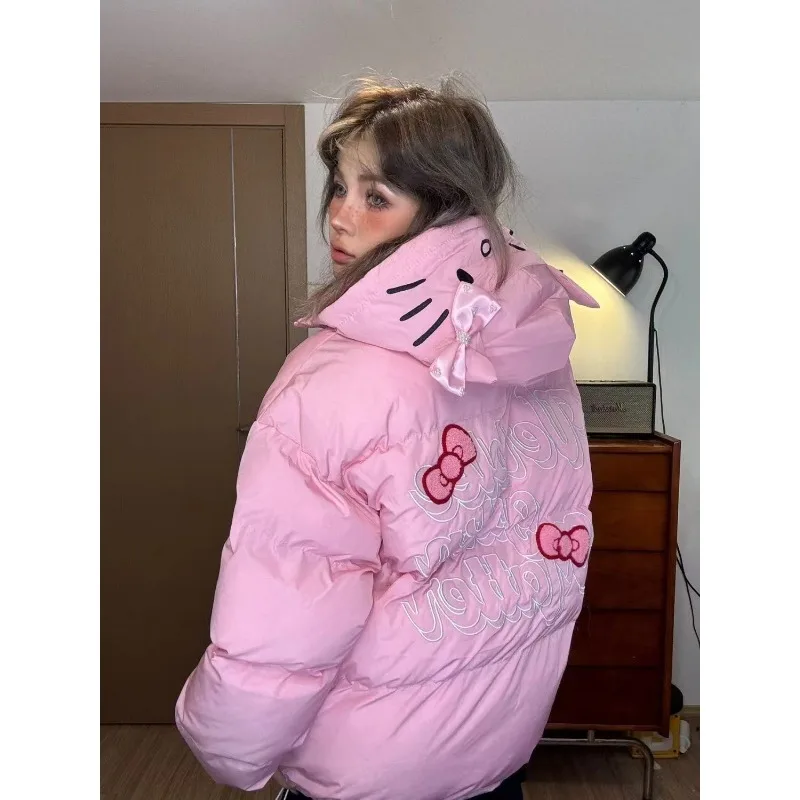 Sanrio Hello Kitty Women Down Jacket Anime Kawaii New Kt Cute Winter Thicken Cotton Clothes Coat Student Top Loose Sports Trend