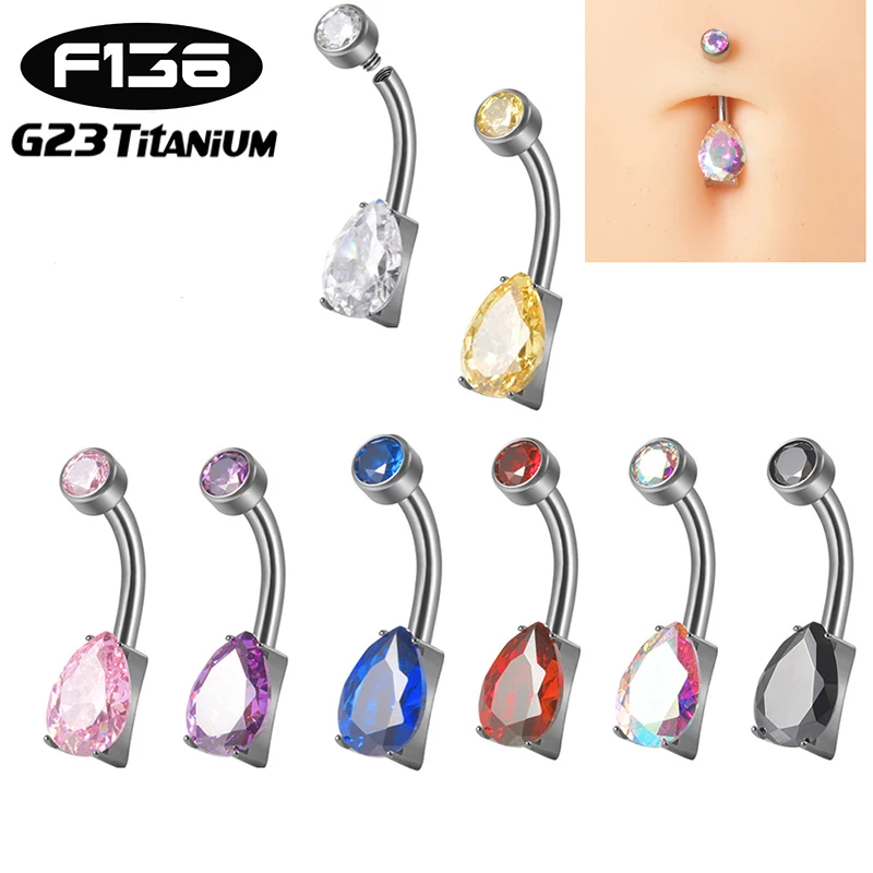 1PC 14G Belly Piercing Button Rings G23 Titanium Internal Thread Curved Rod Water Drop Zircon Barbell Ombligo Piercing Jewelry