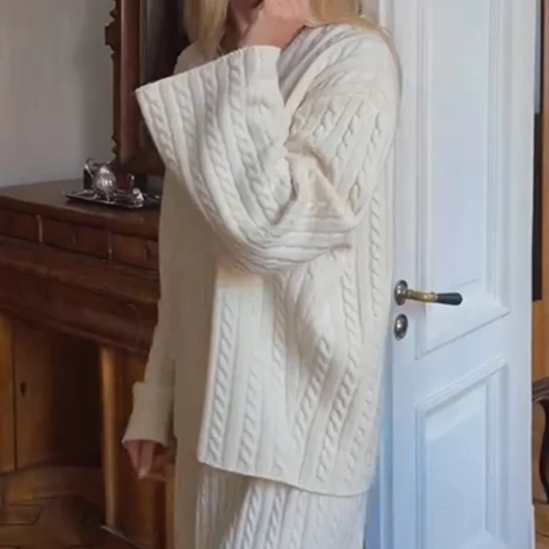 Womens Stylish Cable Knit Loungewear Set V Neck Long Sleeve Loose Sweater And Wide Leg Pants Two Piece Outfit Daily Going Out