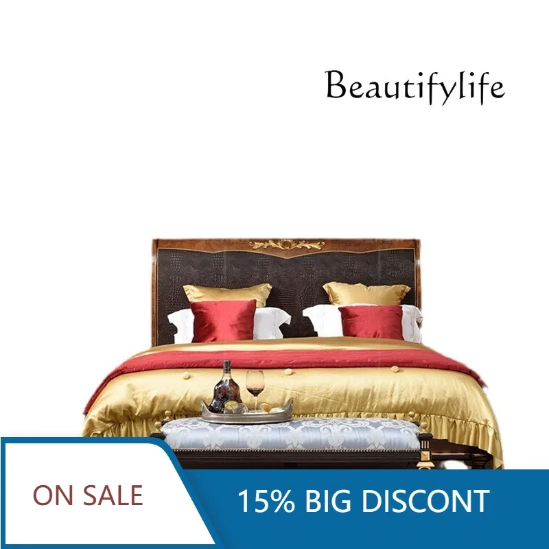 

Роскошная двуспальная кровать из массива дерева в английском стиле, неоклассическая европейская кровать 1.8 м с кожаной обивкой для спальни X